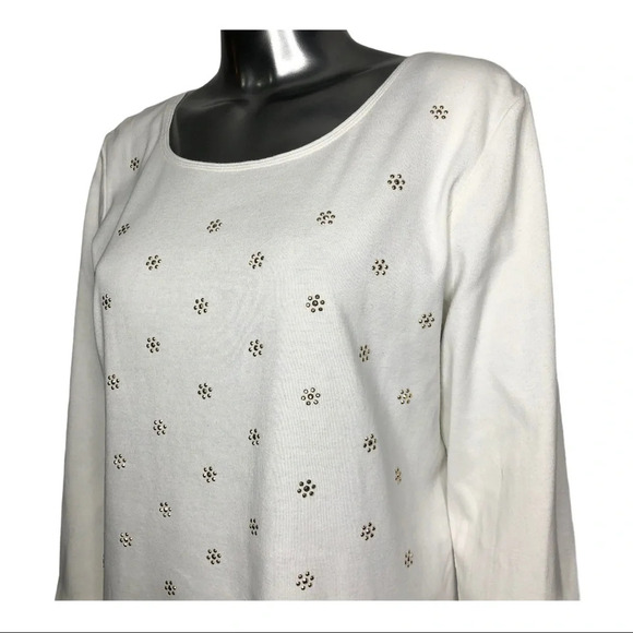 🛍️3/$40 Ruby Rd. White Top Gold Accents Knit Top Size Small - Picture 2 of 4